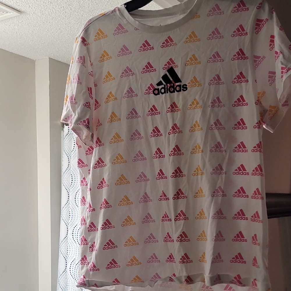 adidas White Tee with Pink & Gold Logo Pattern